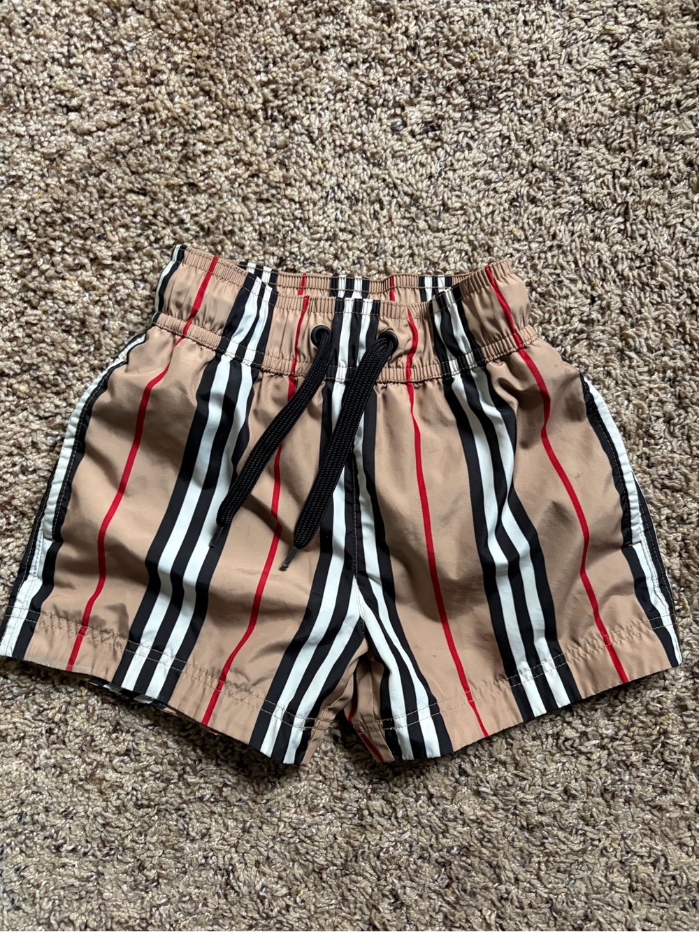 Burberry Tan Striped Kids Drawstring Shorts with Black & Red Accents